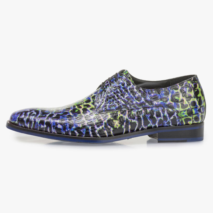 Blauer Premium Schn&uuml;rschuh mit Krokoprint