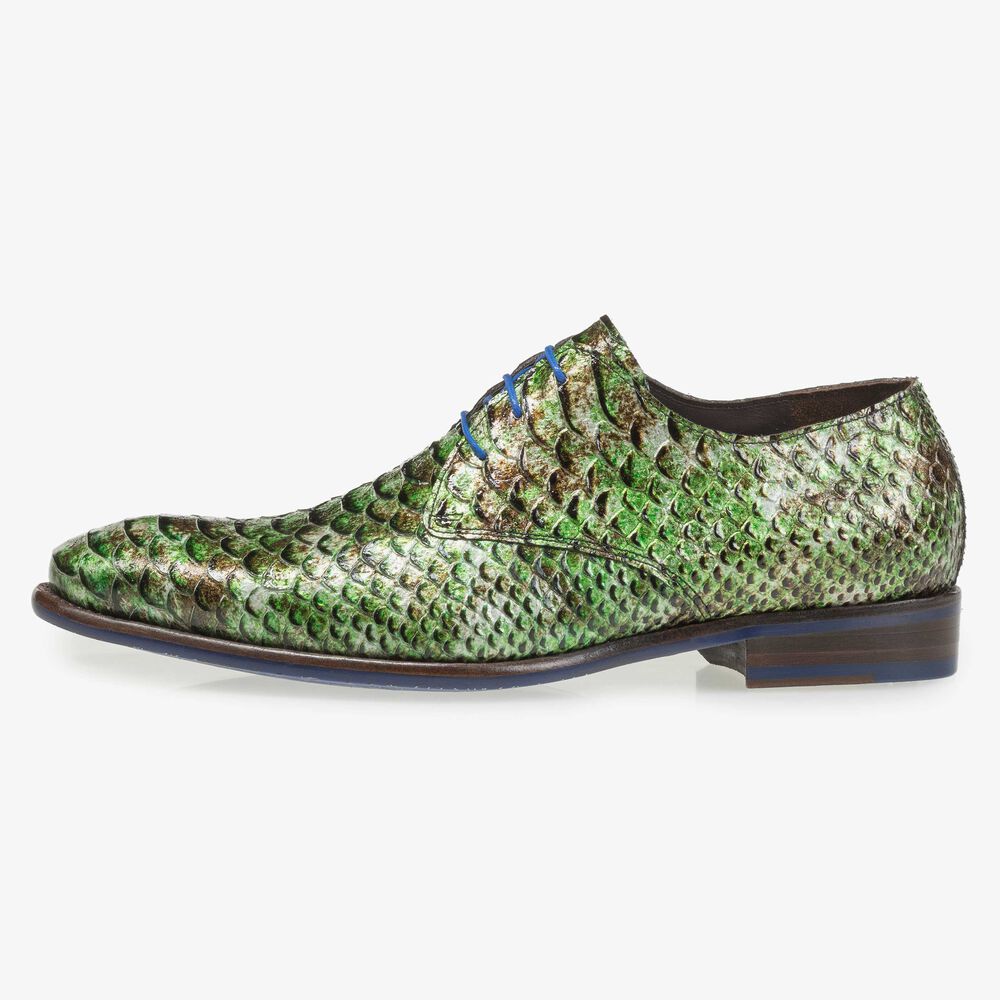 Gr&uuml;ner Lackleder-Schn&uuml;rschuh mit Schlangenprint