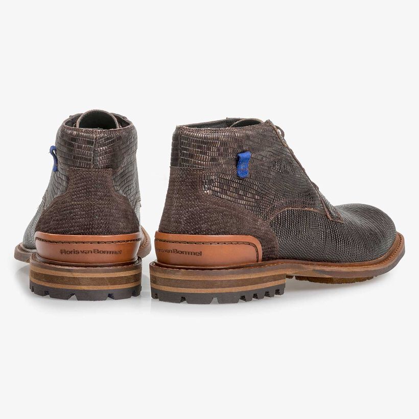Dunkelbrauner Leder-Schn&uuml;rstiefel mit Eidechsenprint
