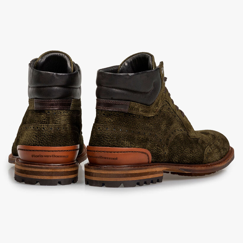 Olive green suede lace boot with print