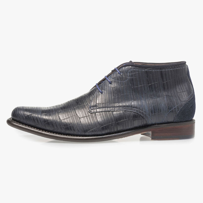 Blauer Leder-Schn&uuml;rstiefel mit Print