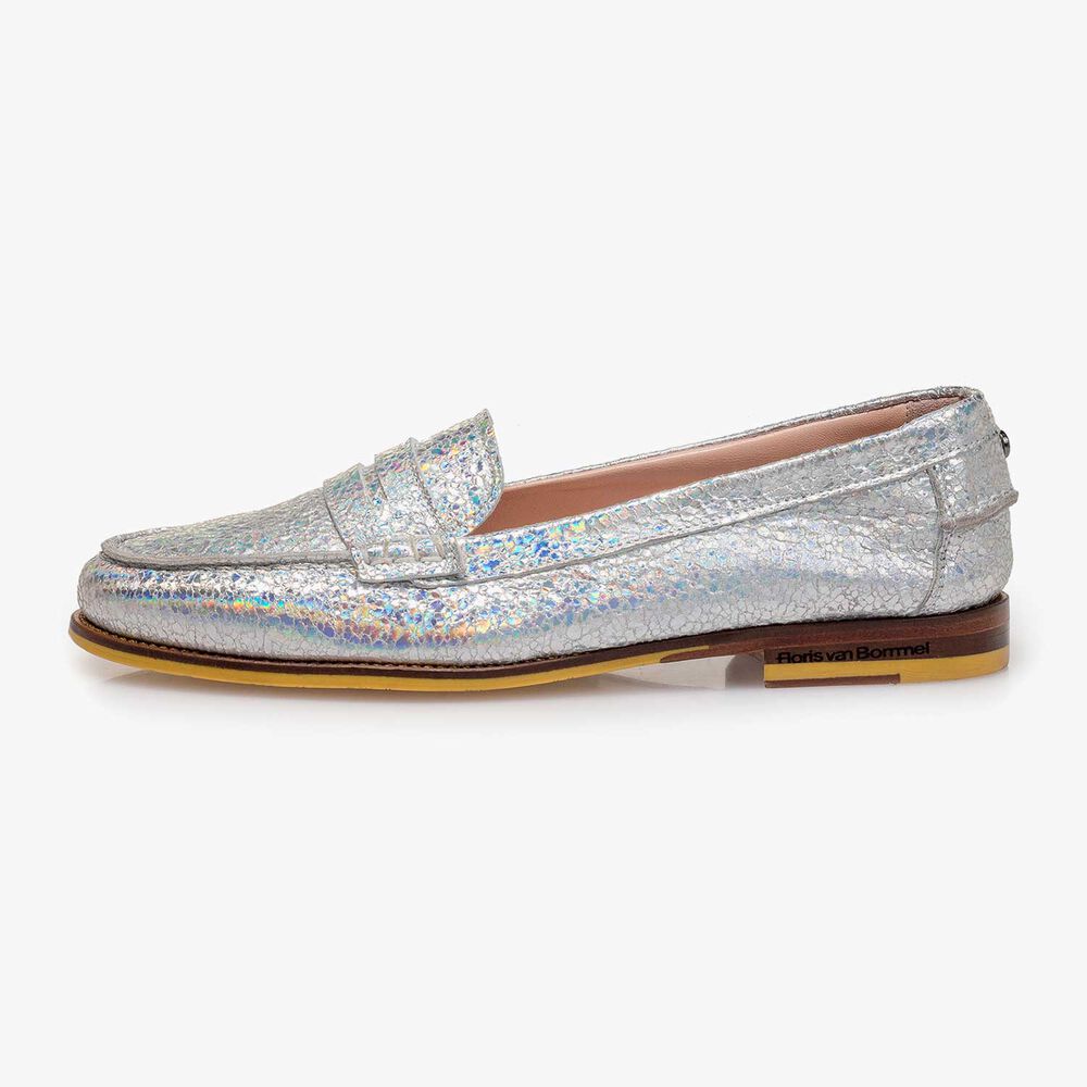 Silber Metallic Leder-Loafer mit Craquel&eacute;-Effekt