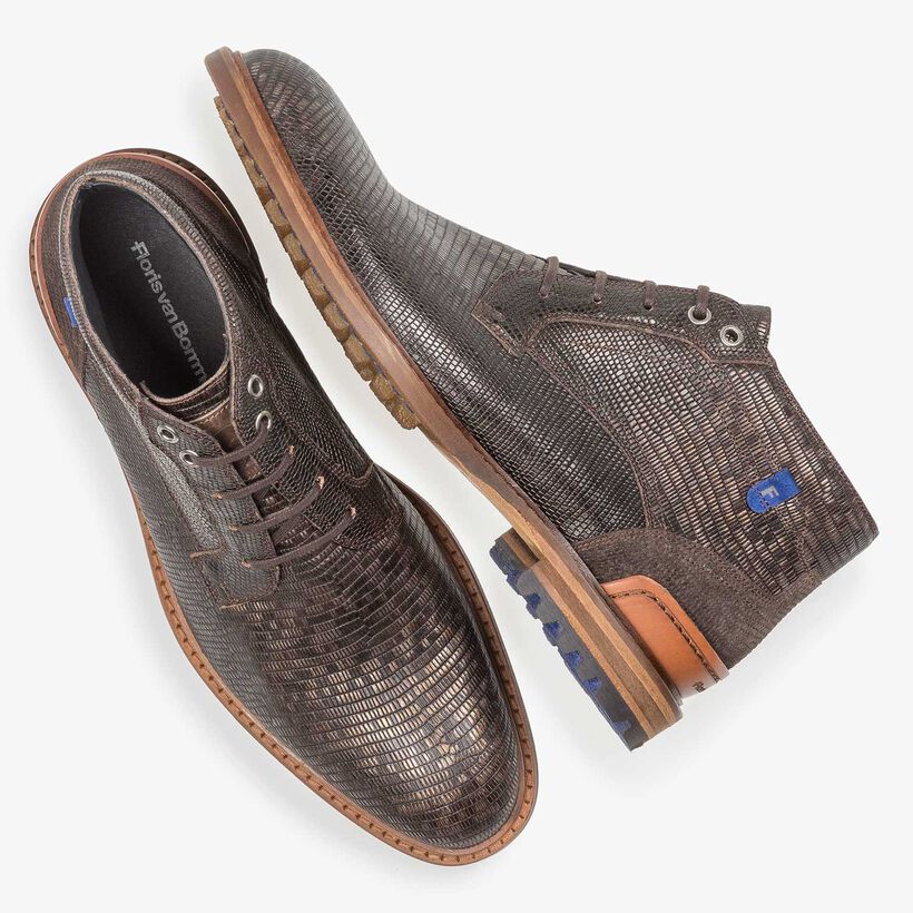 Dunkelbrauner Leder-Schn&uuml;rstiefel mit Eidechsenprint
