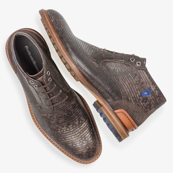 Dunkelbrauner Leder-Schn&uuml;rstiefel mit Eidechsenprint