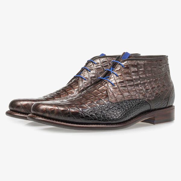 Bronze-coloured leather lace boot with croco print