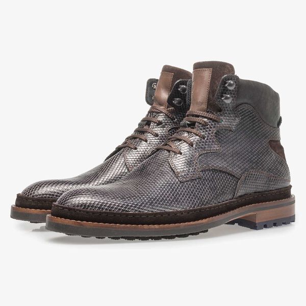 Dunkelgrauer Leder-Schn&uuml;rstiefel mit Schlangenprint