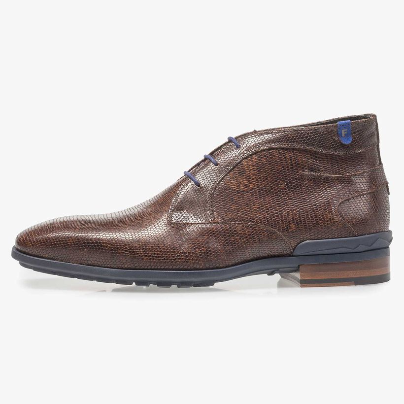 Dunkelbrauner Leder-Schn&uuml;rstiefel mit Eidechsenprint