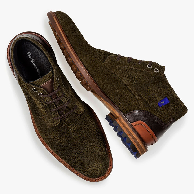 Olive green printed suede leather lace boot
