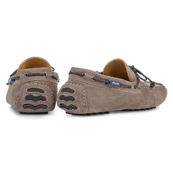 Sand-coloured suede leather moccasin with print