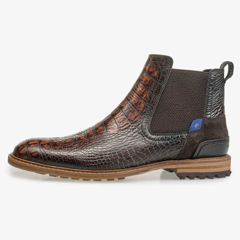 Brown calf&rsquo;s leather Chelsea boot with croco print