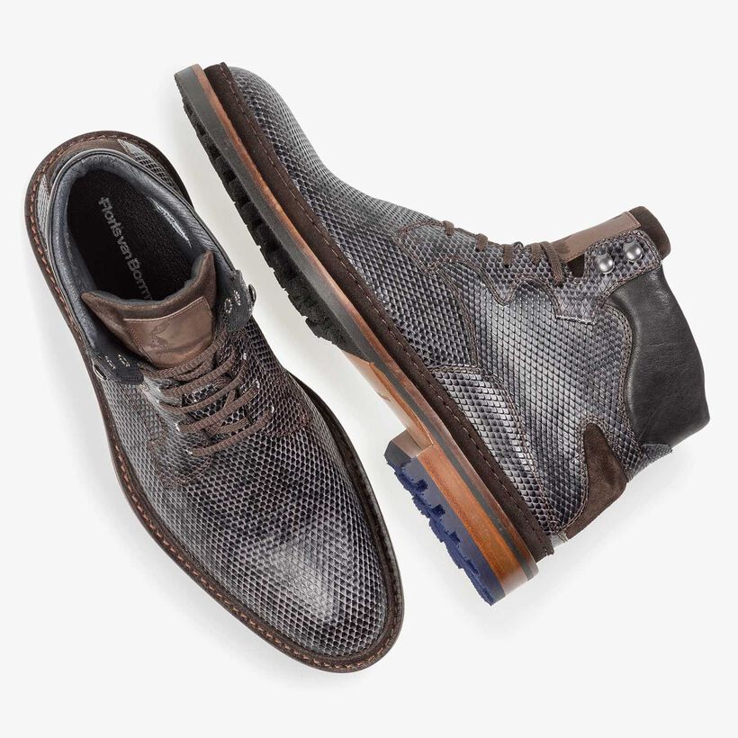 Dunkelgrauer Leder-Schn&uuml;rstiefel mit Schlangenprint