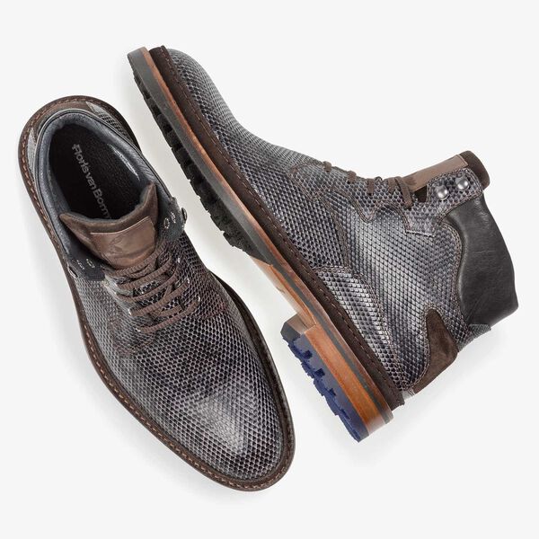 Dunkelgrauer Leder-Schn&uuml;rstiefel mit Schlangenprint