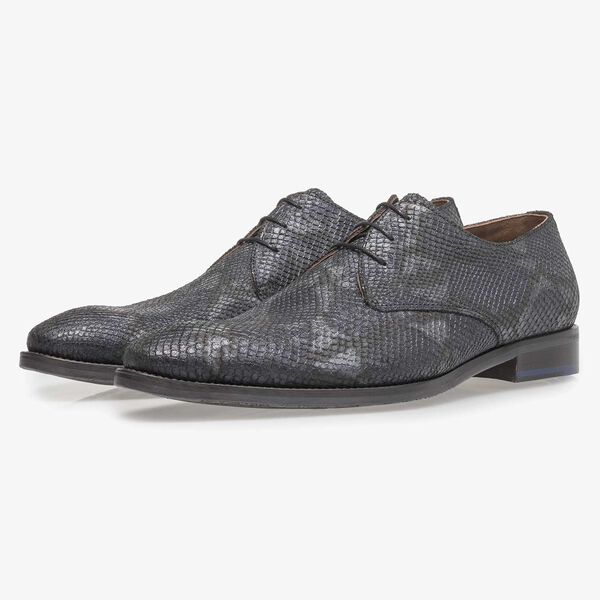 Blauer Leder-Schn&uuml;rschuh mit Schlangenprint