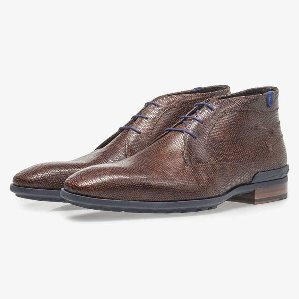 Dunkelbrauner Leder-Schn&uuml;rstiefel mit Eidechsenprint