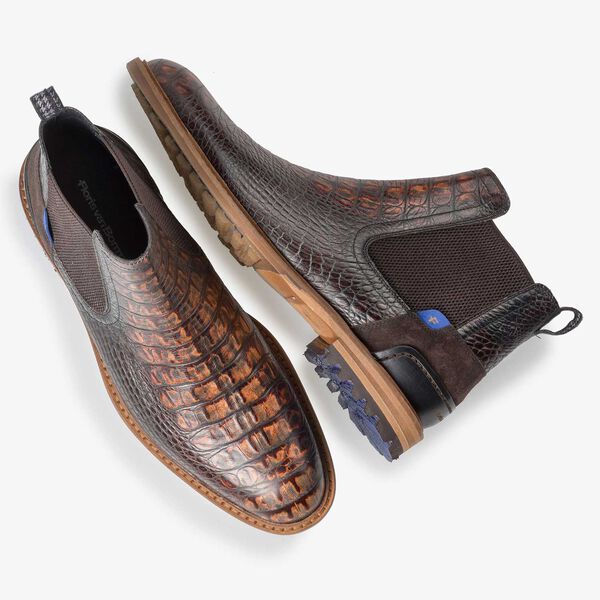 Brown calf&rsquo;s leather Chelsea boot with croco print