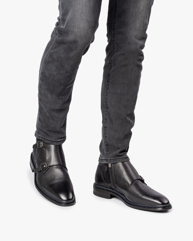 Black calf leather monk strap with print