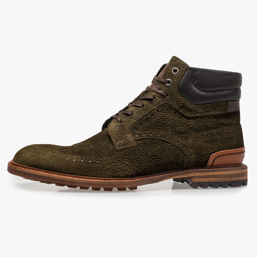 Olive green suede lace boot with print