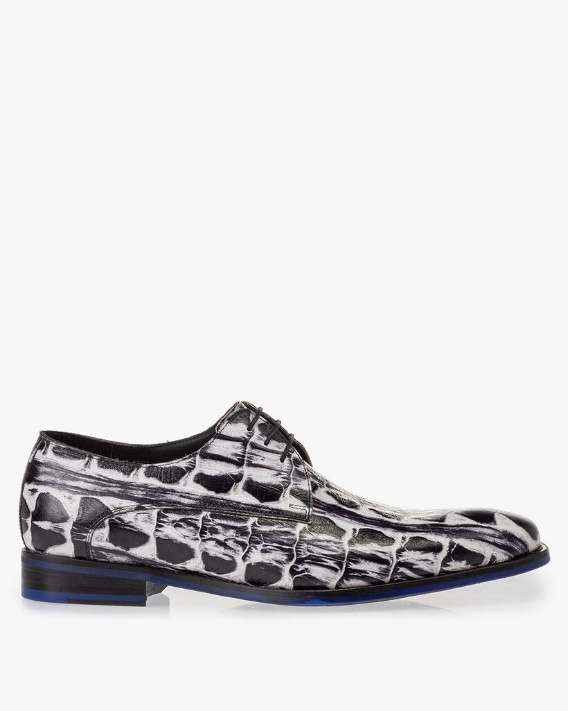 Schn&uuml;rschuh Krokoprint schwarz-wei&szlig;