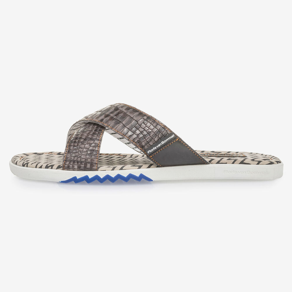 Dunkelgrauer Nubukleder Kreuzriemen-Slipper mit Print