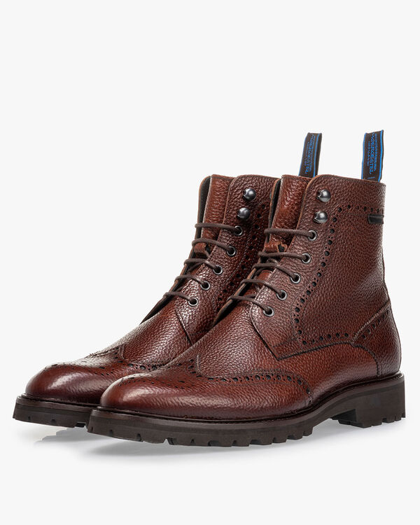 Schn&uuml;rstiefel Leder-Print cognac