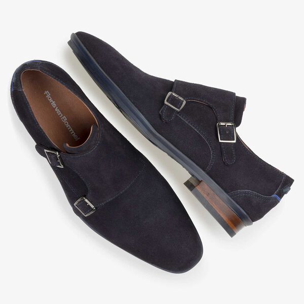 Blue calf suede leather double buckle monk strap