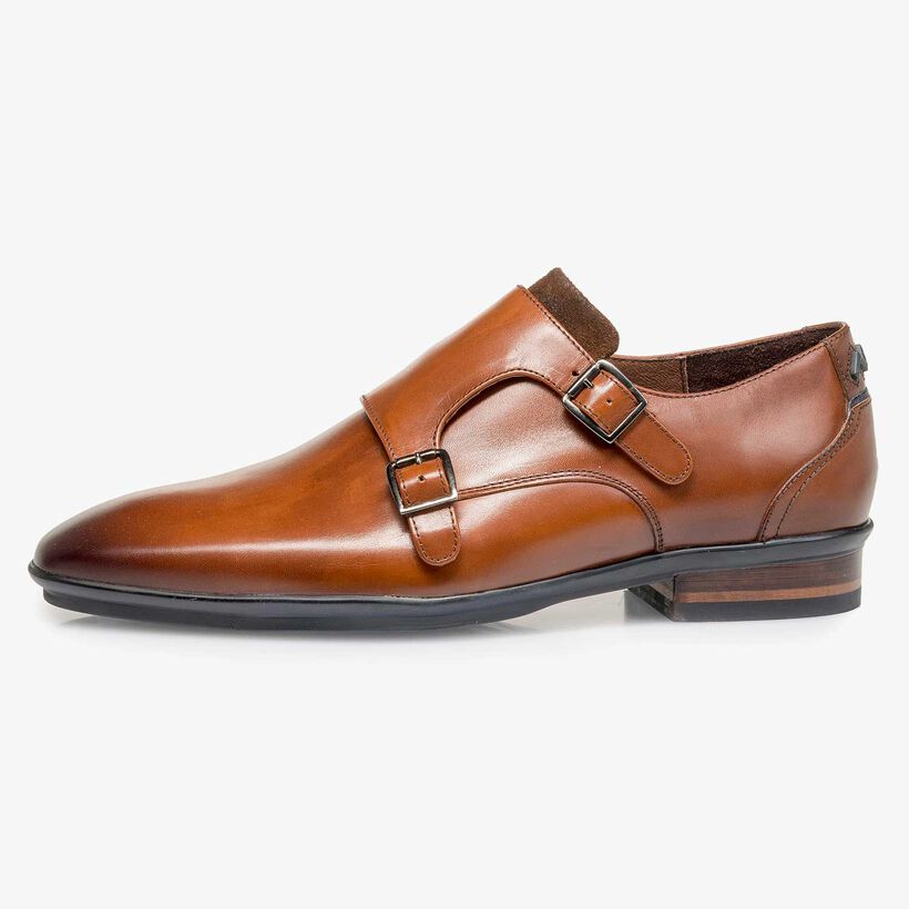 Cognacfarbener Kalbsleder Doppelmonk-Schnallenschuh