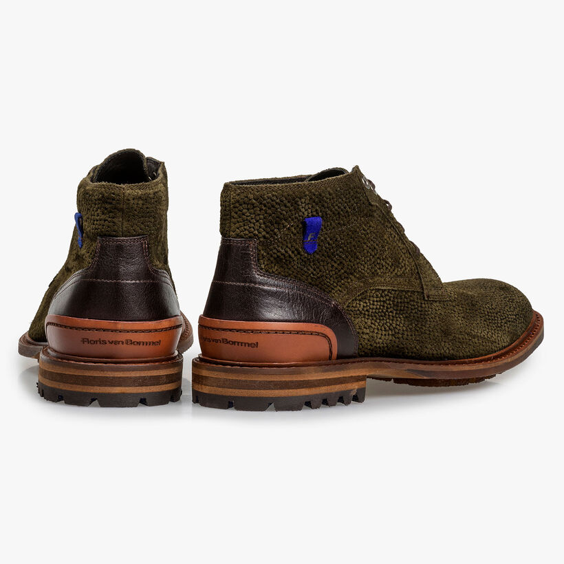 Olive green printed suede leather lace boot