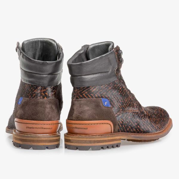 Premium cognac-coloured printed pony hair lace boot