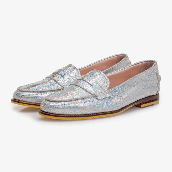 Silber Metallic Leder-Loafer mit Craquel&eacute;-Effekt
