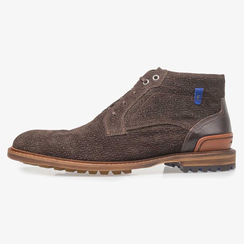 Dunkelbrauner Wildleder-Schn&uuml;rstiefel mit Print