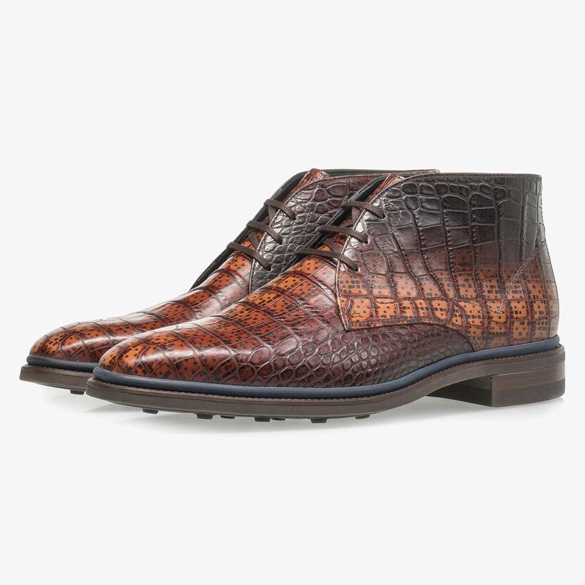 Cognacfarbener Premium Krokoleder-Schn&uuml;rschuh