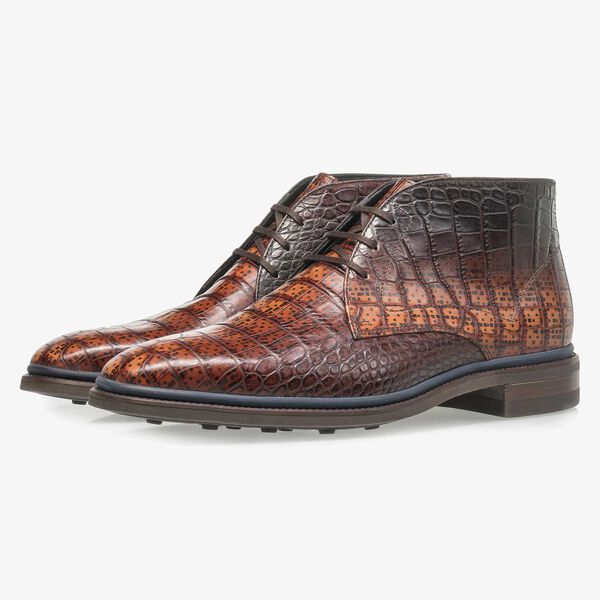 Cognacfarbener Premium Krokoleder-Schn&uuml;rschuh