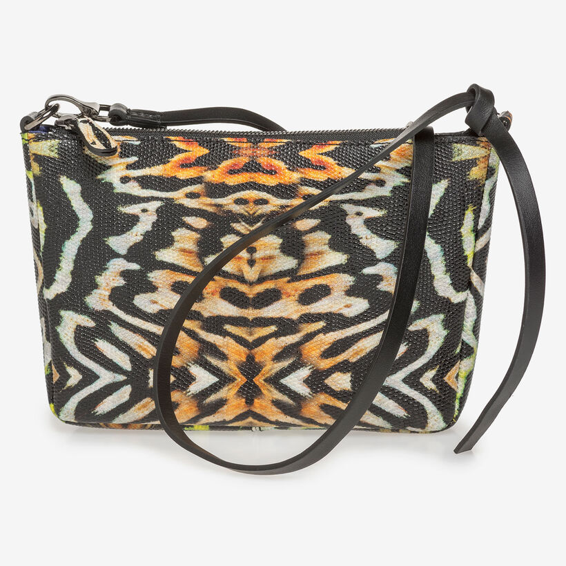 Schwarze Ledertasche mit orangefarbenem Print
