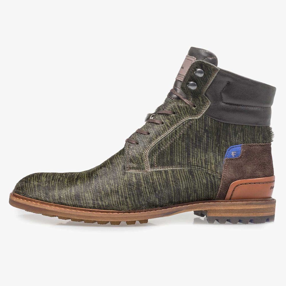 Dunkelgr&uuml;ner Premium Ponyfell-Schn&uuml;rstiefel mit Print