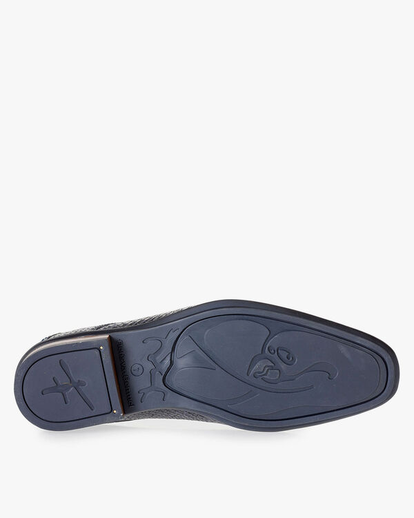 Dunkelblauer Nubukleder-Schn&uuml;rschuh mit Schlangenprint