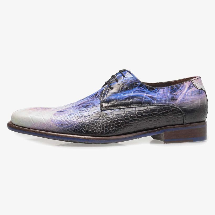 Premium purple calf leather lace shoe with lightning bolt print