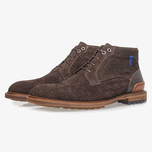 Dunkelbrauner Wildleder-Schn&uuml;rstiefel mit Print