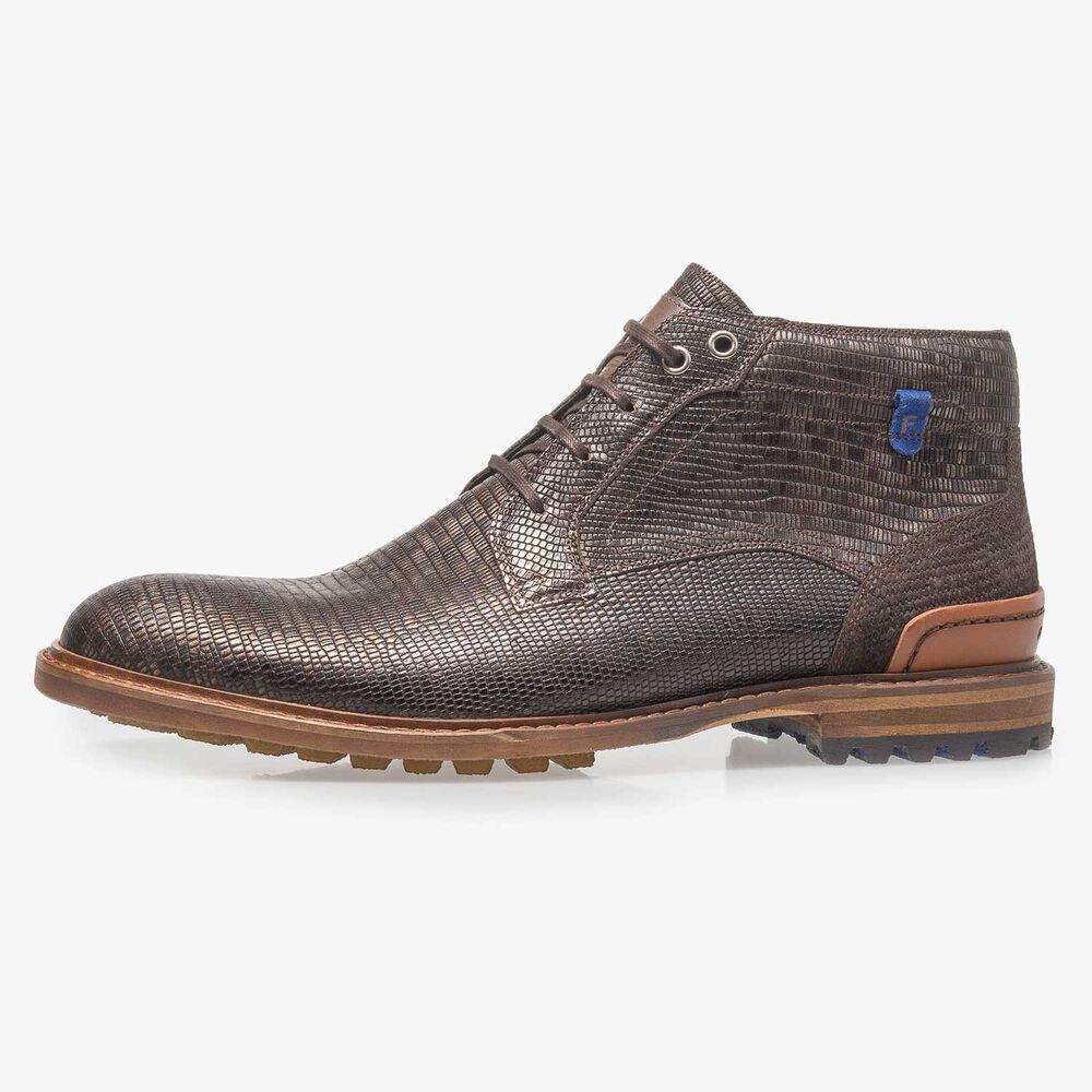 Dunkelbrauner Leder-Schn&uuml;rstiefel mit Eidechsenprint