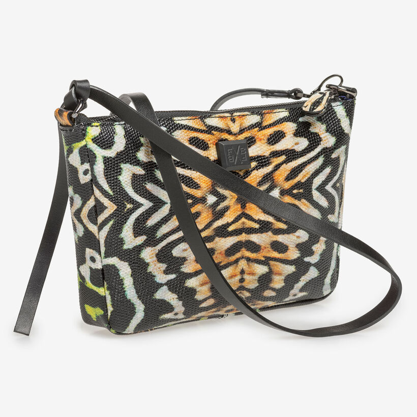 Schwarze Ledertasche mit orangefarbenem Print