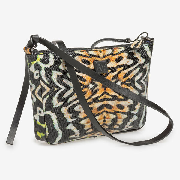 Schwarze Ledertasche mit orangefarbenem Print