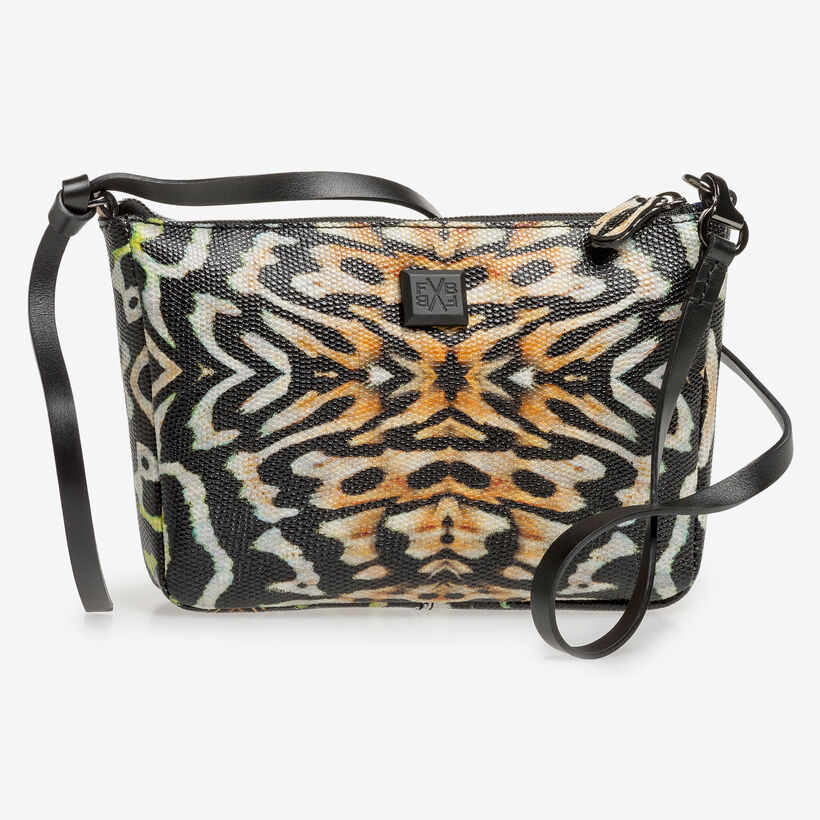 Schwarze Ledertasche mit orangefarbenem Print