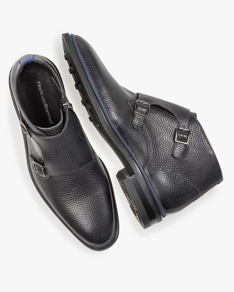 Black calf leather monk strap with print