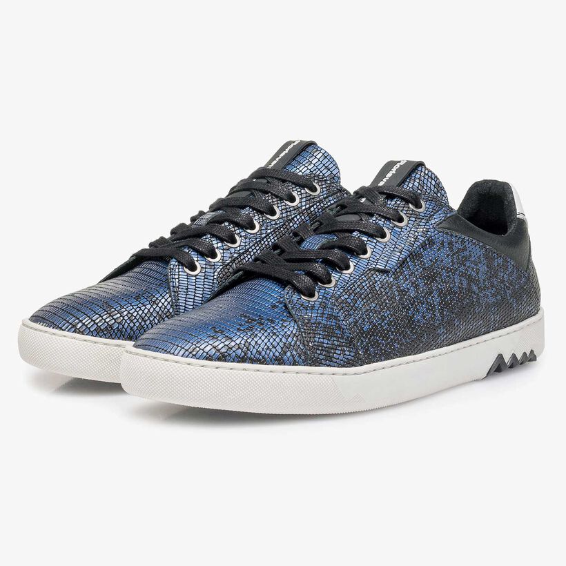 Blue premium leather lace shoe with metallic print