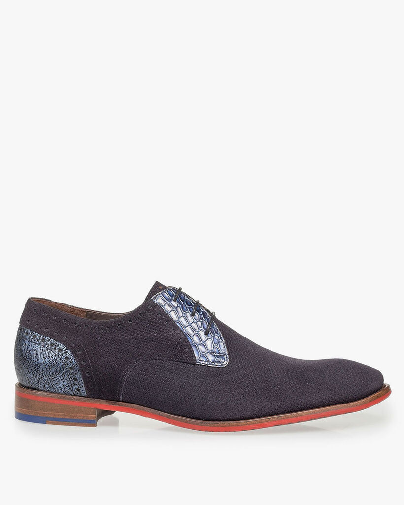 Blue printed suede leather lace shoe