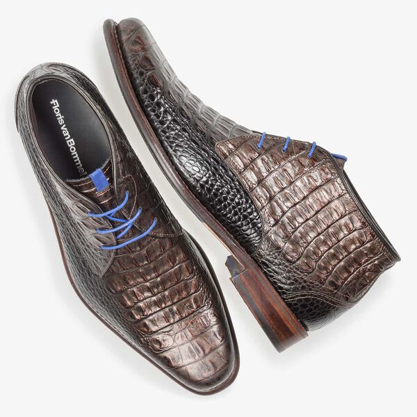 Bronze-coloured leather lace boot with croco print
