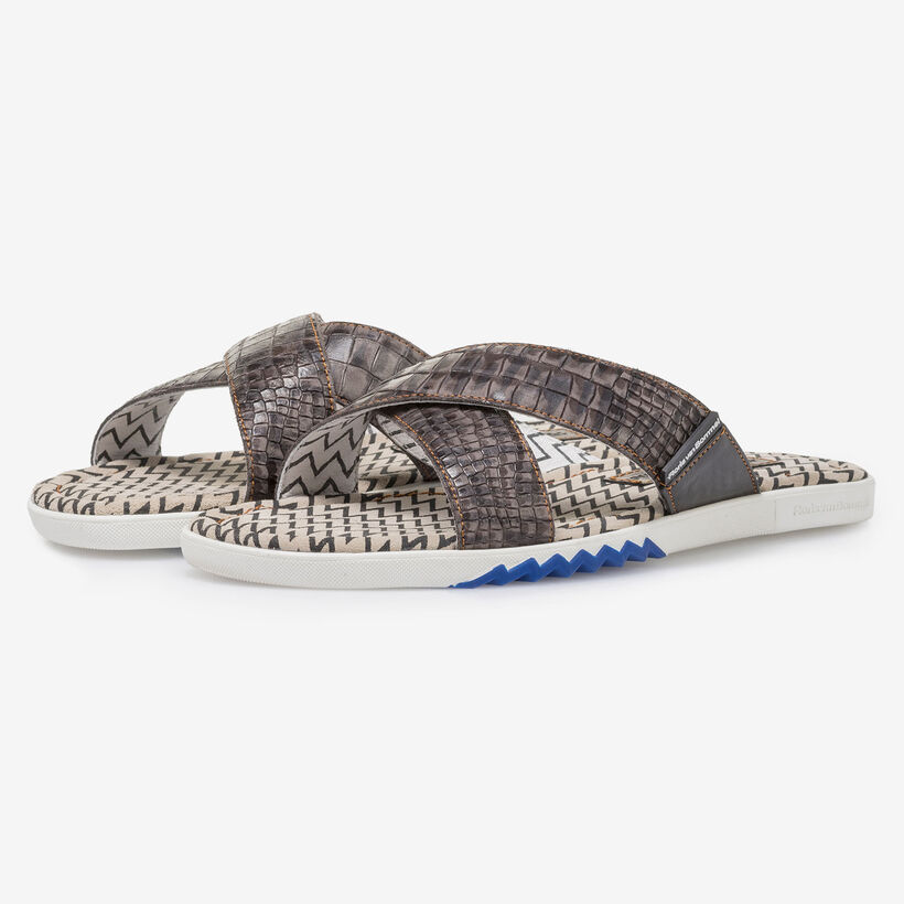 Dunkelgrauer Nubukleder Kreuzriemen-Slipper mit Print