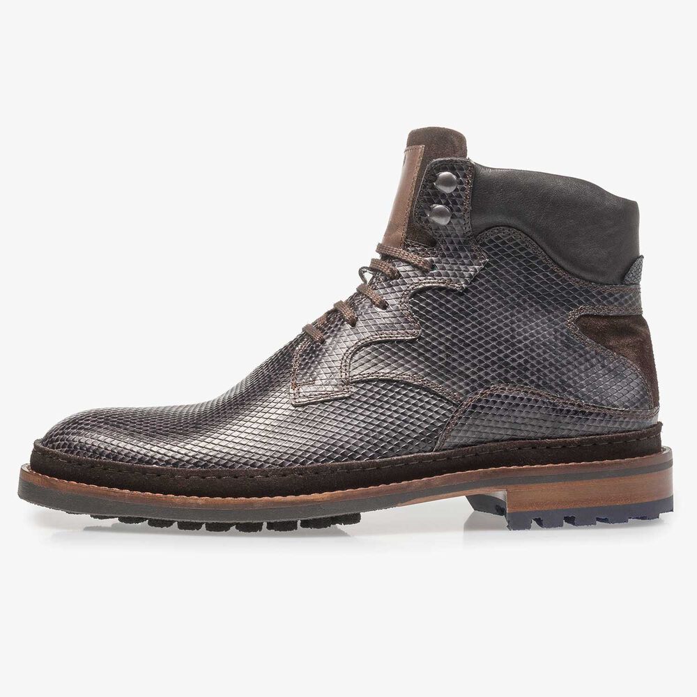 Dunkelgrauer Leder-Schn&uuml;rstiefel mit Schlangenprint