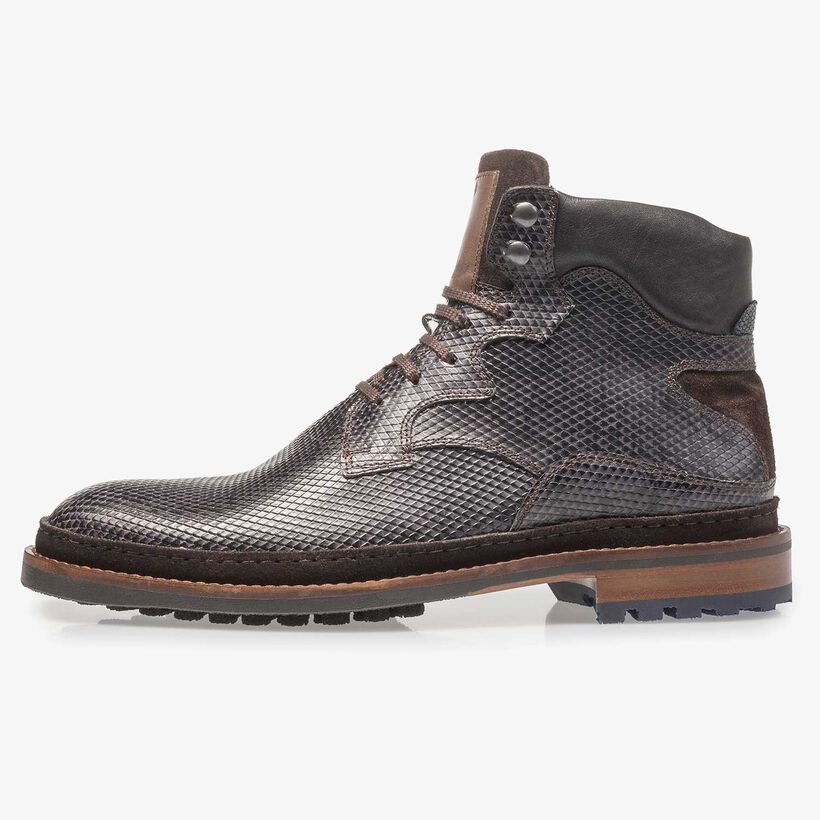 Dunkelgrauer Leder-Schn&uuml;rstiefel mit Schlangenprint