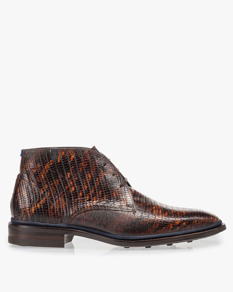 Schn&uuml;rstiefel Eidechsenprint cognac