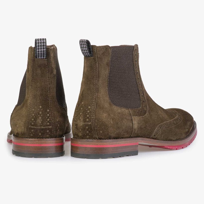 Brown/olive green calf suede leather Chelsea boot